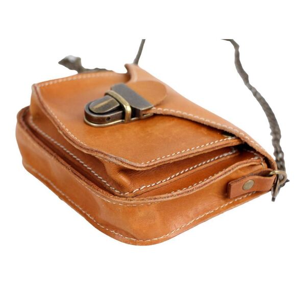 Roots TAN BROWN GENUINE LEATHER CHAIN FLAP X-BODY SHOULDER BAG MINI PURSE CLUTCH - Picture 8 of 15